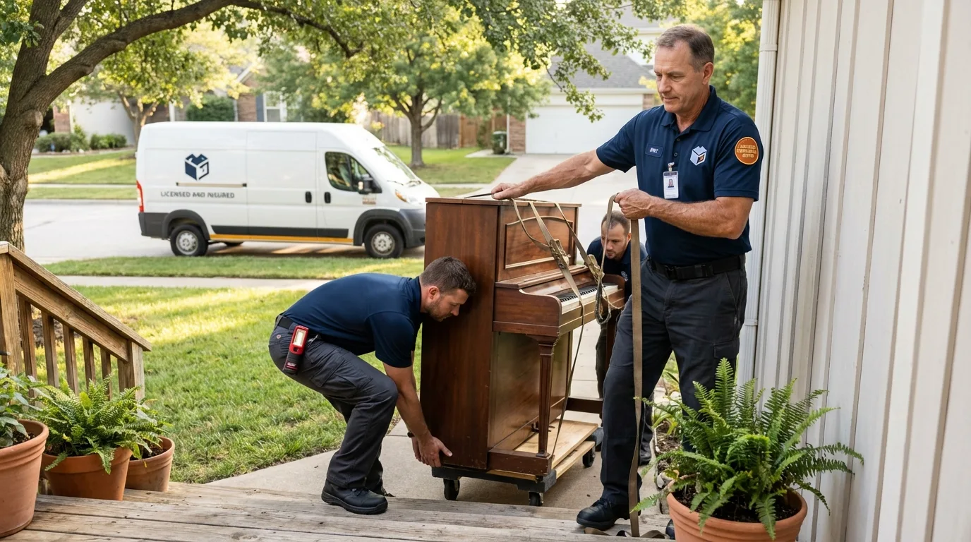 Licensed piano movers securing grand piano in Carrollton, MI