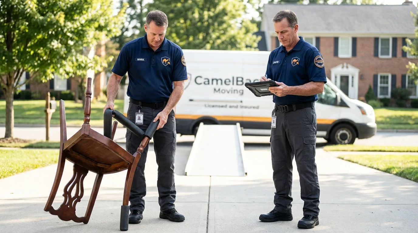 Movers inspecting furniture for damage prevention before loading in Carrollton, MI