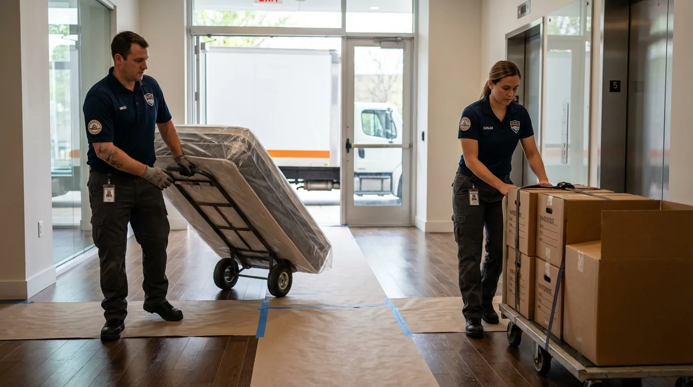 Professional apartment movers loading elevator in Carrollton, MI