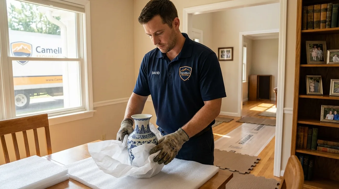 Professional crew carefully wrapping antique vase for senior downsizing move in Carrollton, MI